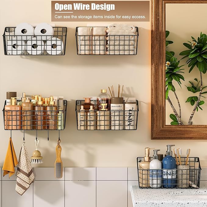 Sonyabecca 6 Pack Hanging Wall Basket for Organizing, EXTRA Large Wire Basket for Pantry with 5 S Hook+6 Adhesive Hook, Wall Mounted Shelf for Kitchen,Bedroom, Bathroom RV,Garage Organization& Storage