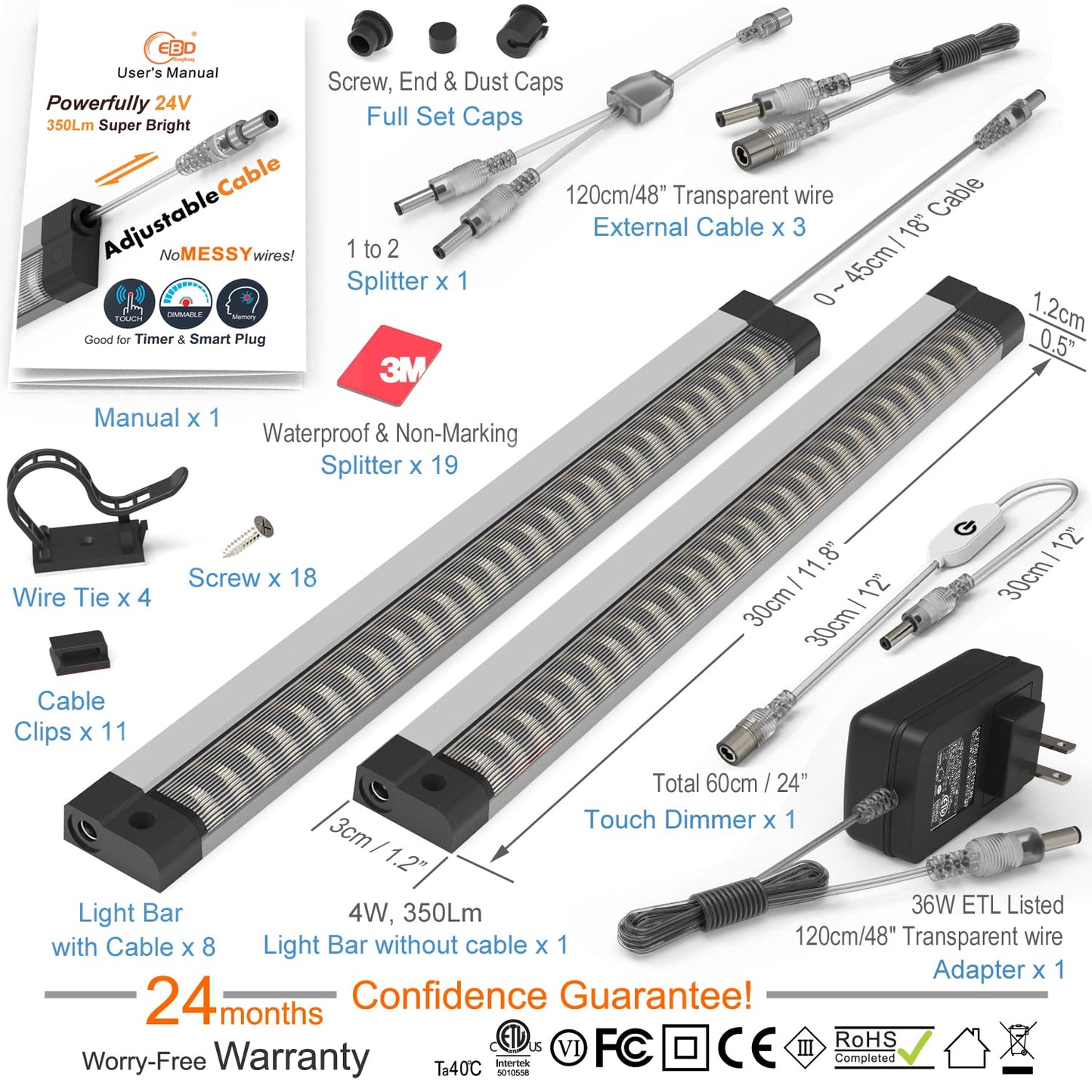 Ebd Under Counter Lights Touch Led Under Cabinet Lighting Built-In 18  Adjustable Cable  Splitter & 3 External Cable  9 Pcs 3000K Warm White 3150Lm Kitchen Under Cabinet Lights