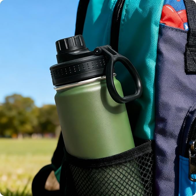 12 oz Water Bottle for Kids School-Reuasble Stainless Steel Vacuum Insulated Wide Mouth Water Bottle for Travle Sports (Grass Green)