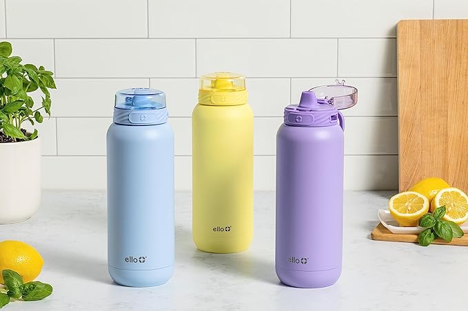 Ello Cooper 22oz Stainless Steel Water Bottle with Straw and Carry Handle, Double Walled and Vacuum Insulated Metal, Leak Proof Locking Lid with Soft Silicone Spout, Reusable, BPA Free, Lemonade