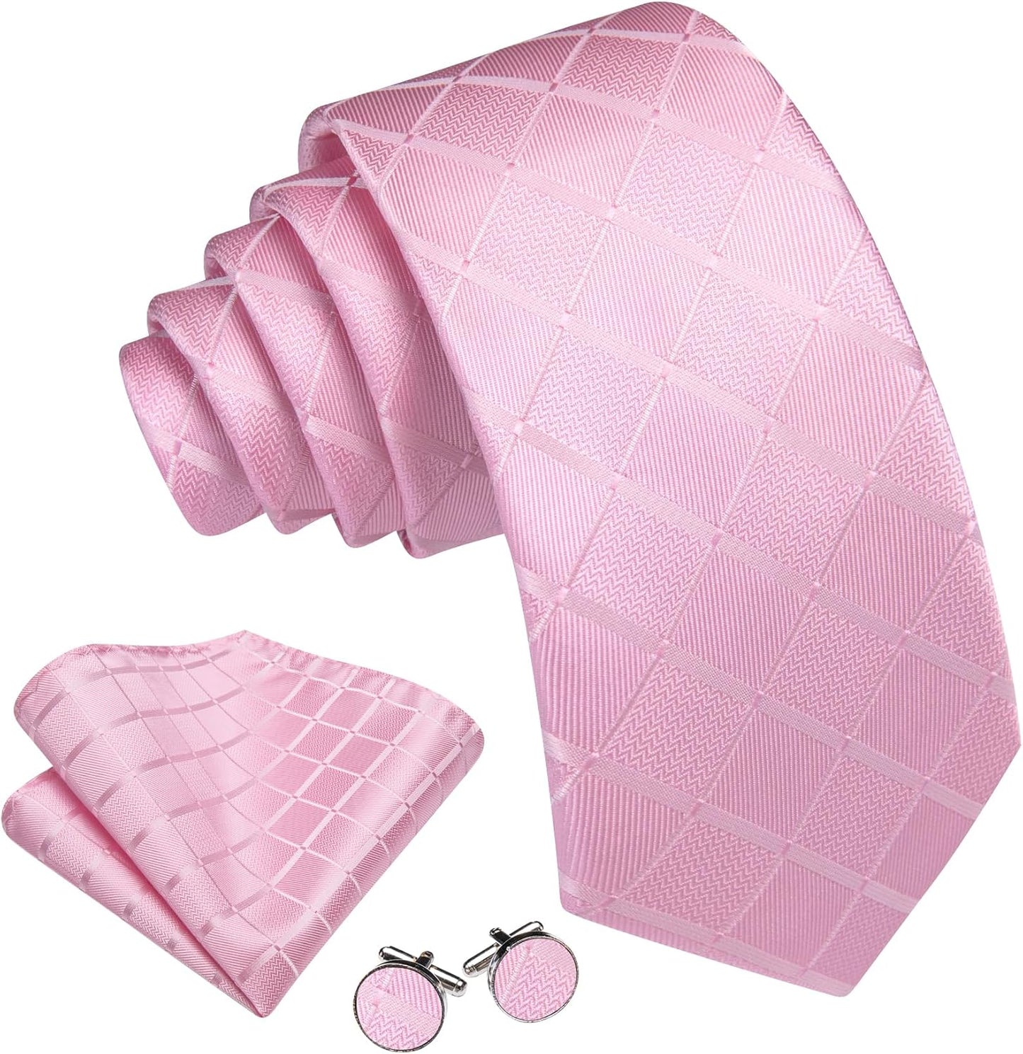 Barry.Wang Designer Classic Ties for Men Set Formal Pocket Square Cufflink Check Plaid