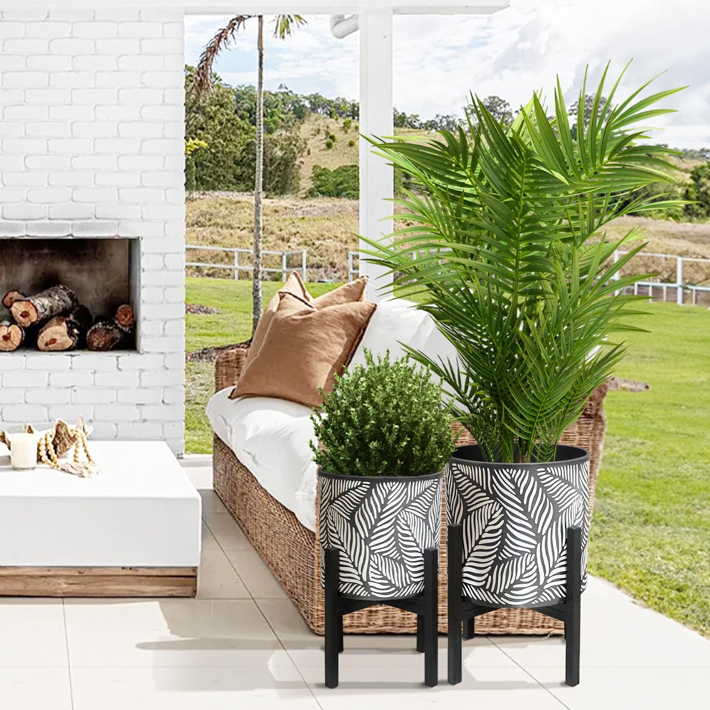 10 & 12 Inches Plant Pot with Stand Set of 2, Decorative Palm Leaves Printing Planter with Holder, Garden Pot for Snake Plant, Monstera, Houseplants - Indoor Outdoor Flower Pots with Drainage Holes