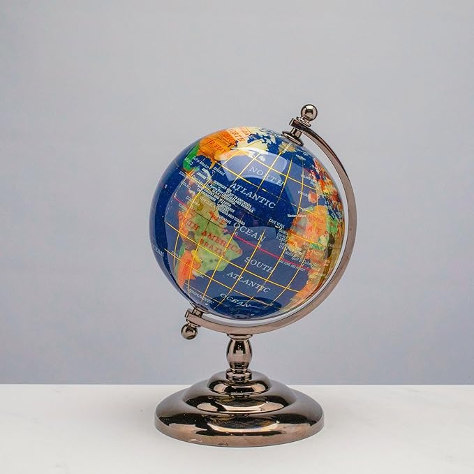 KALIFANO 7” Tall Gemstone Globe with Vibrant Polished Lapis Ocean and Mosaic Crystal Continents - World Globe with Metal Stand for Office & Home Décor