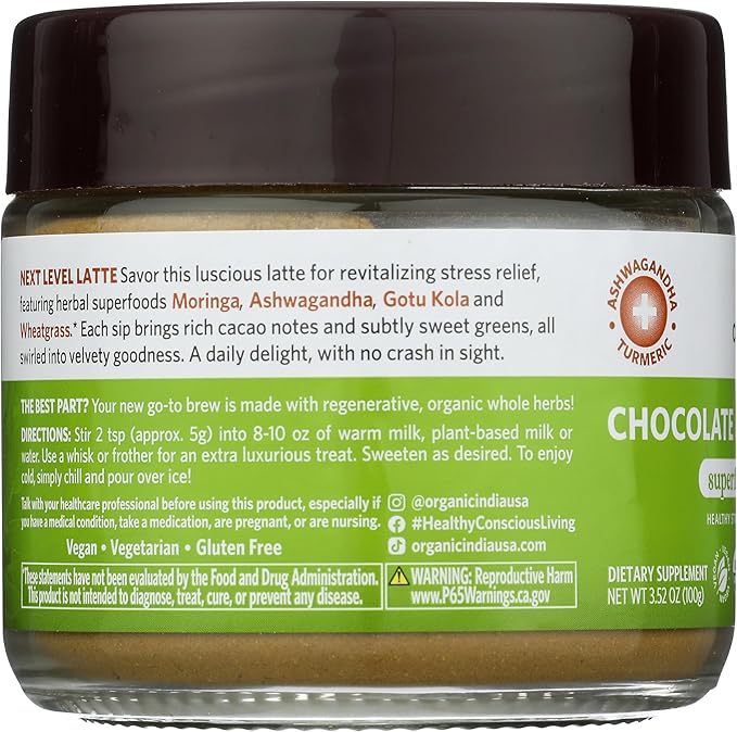 Organic India Chocolate Moringa Latte Powder - Superfood Mix, Moringa Leaf Tea, With Ashwagandha and Turmeric, Dietary Supplement, Stress Support, Rich Cocoa, Caffeine Free - 3.52 Oz