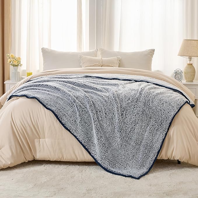 EMME Fuzzy Blanket Soft Fleece Throw Blankets for Women, Fluffy Sherpa Throws(Plush Navy,90"x90")