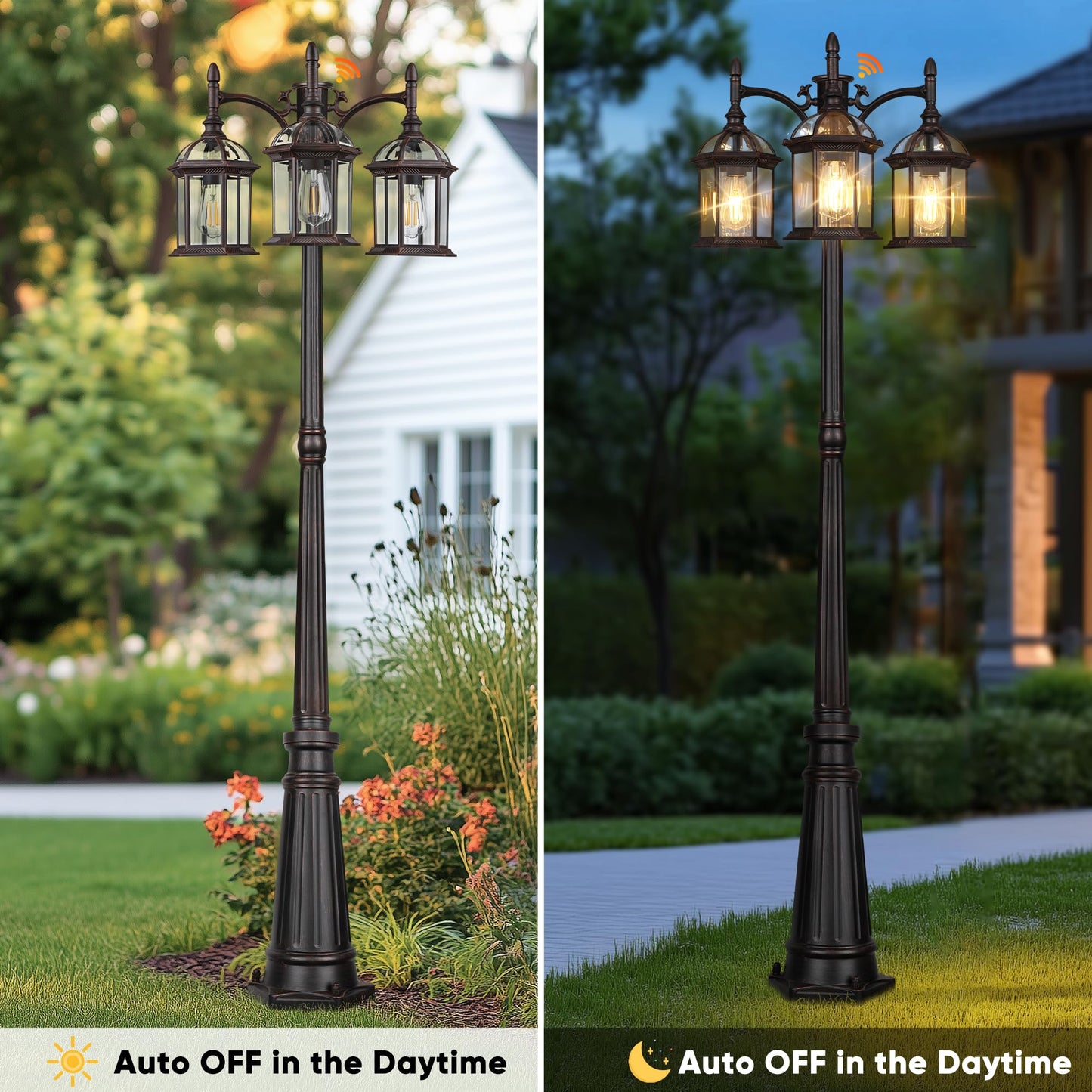 PARTPHONER Dusk to Dawn Outdoor Lamp Post Light, Triple Head Aluminum, Waterproof, Bronze, Model PA1201