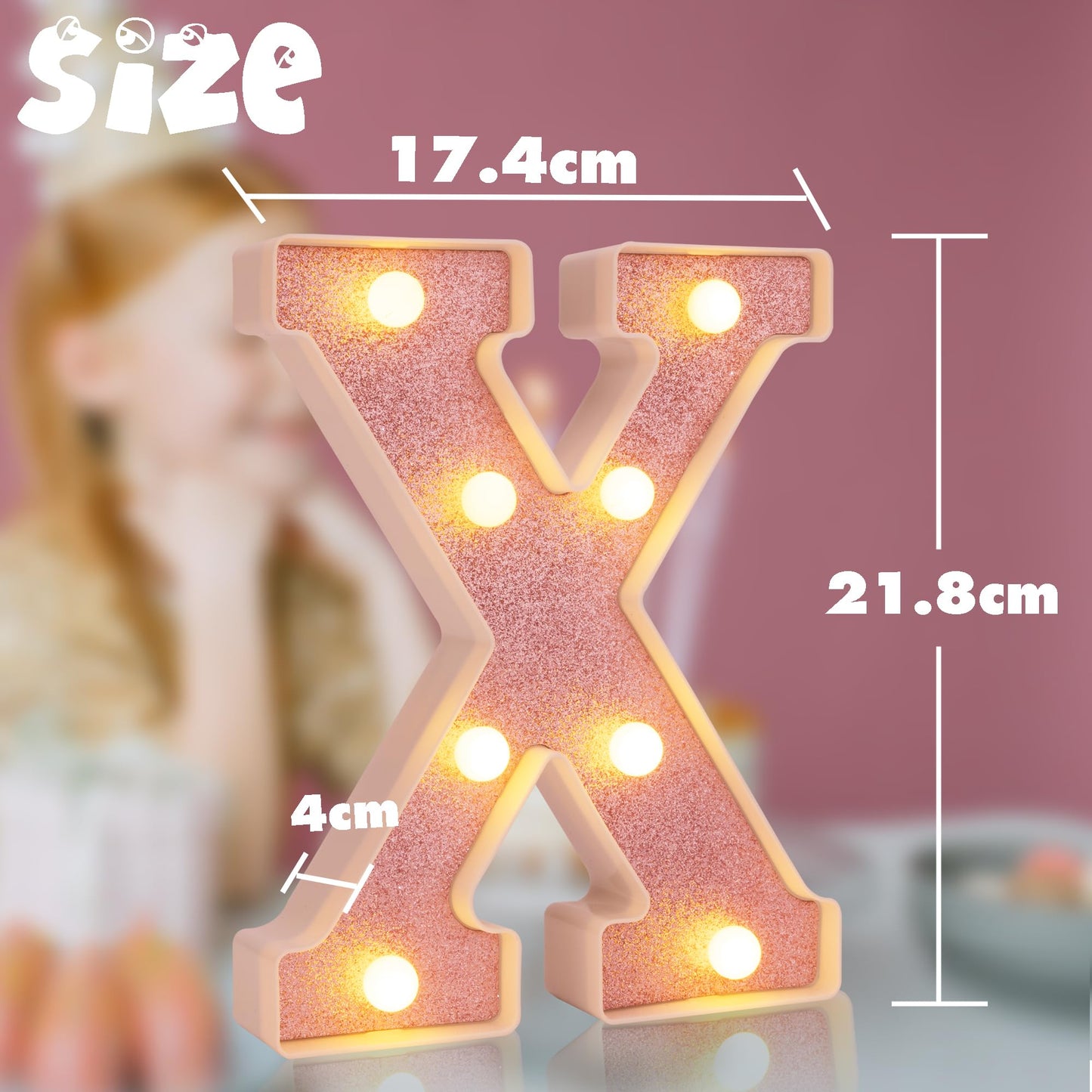 DyingSwan Small LED Marquee Letter Light, 8.58in Pink Glitter, Battery Powered Table Decor, Model Pink Light-X