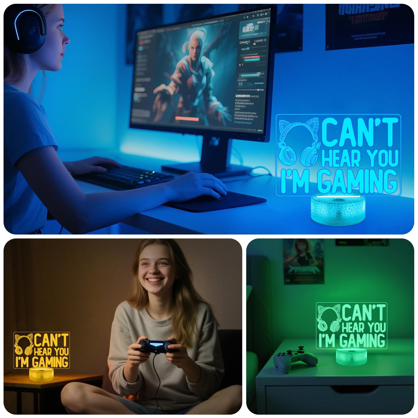 YuanDian 3D Illusion Gaming Night Light, Remote Control, 16 Colors, Cat Ear Headphones, Model FS-2810-9999, Acrylic Material