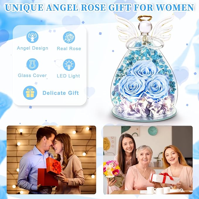 Beferr Valentines Day Rose Gifts for Her Women Mom Gifts for Birthday, Fresh Flowers for Delivery Forever Preserved Rose in Glass Angel Figurine, for Grandma Wife Daughter Girlfriend