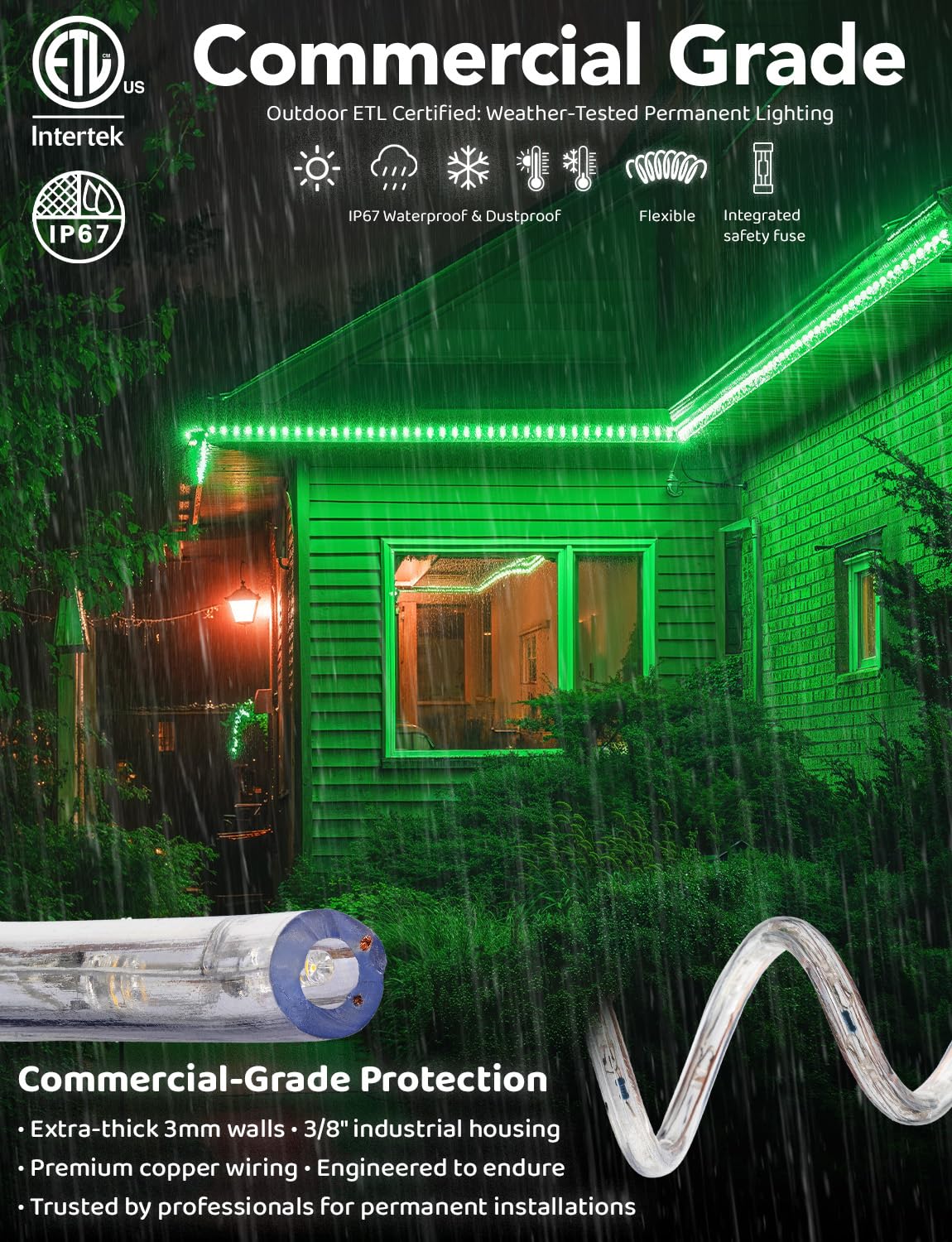 WYZworks LED Rope Lights, 20ft Waterproof Outdoor - Green, Flexible PVC, ETL Certified, Model AM-LEDROPE-GRN-20