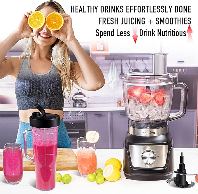 Food Processor Blender Combo 1000W, Blenders for Kitchen with 68oz Processor Bowl, Grinder,24oz To-Go Lid Cup, Countertop Juice Blender for Smoothies/Shakes/Mixing/Shredding/Slicing/Chop cheese/Dough