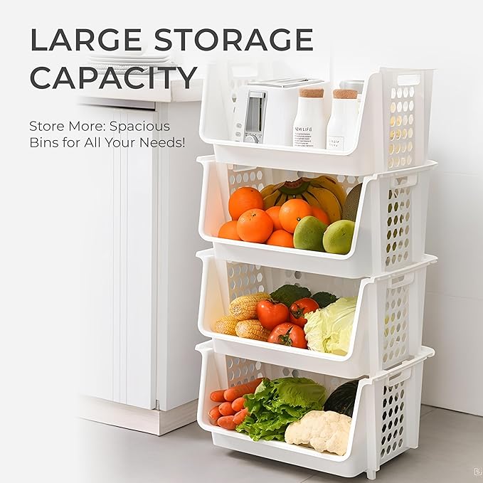 TidyFriend Small Stackable Storage Bins for Pantry - 4 Pack, Stackable Bins For Organizing Food, Kitchen, and Bathroom Essentials (White)
