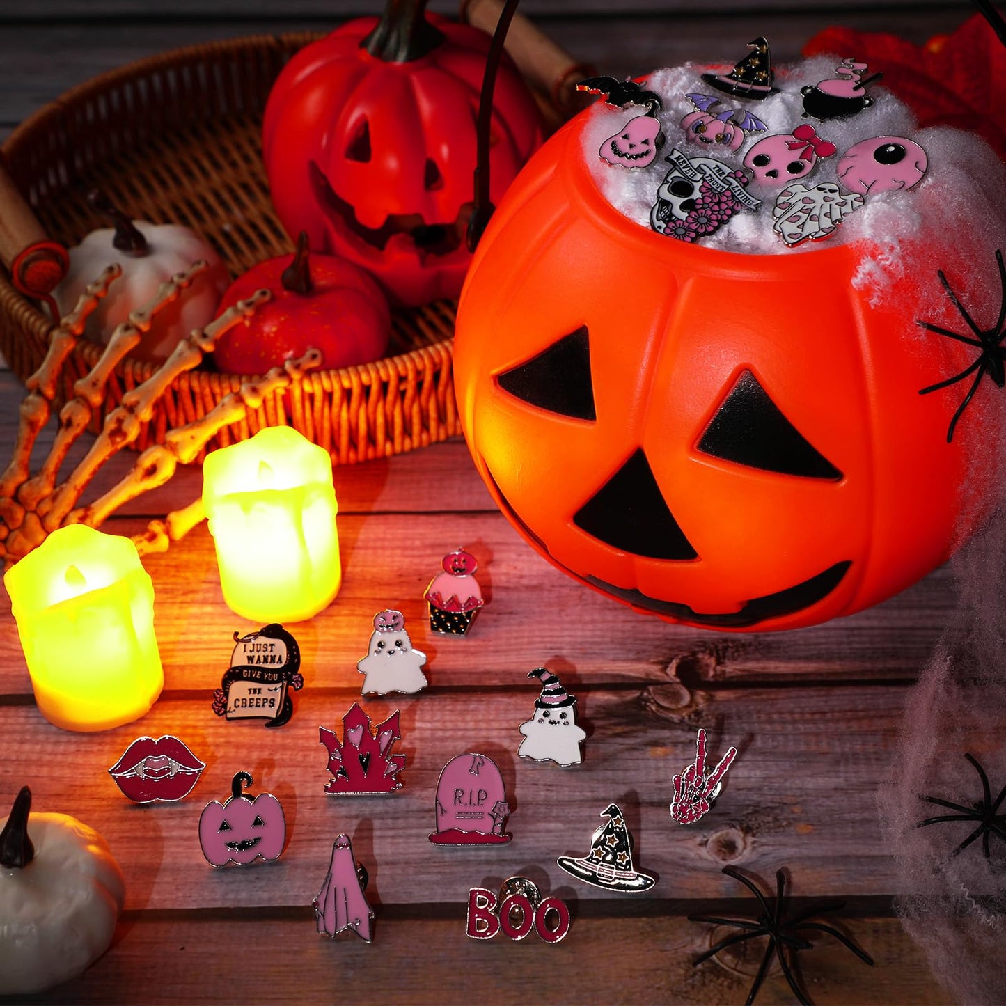 CraftyDream 40 Pcs Pink Halloween Enamel Pins Bulk for Backpacks Cute Skull Boo Bat Decorative Brooches Pink and Black Halloween Lapel Pins for Girly Clothes Bags Hat Accessories Gift
