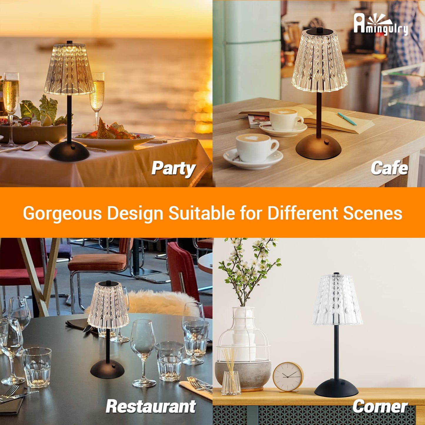 Amingulry Cordless Table Lamp, Rechargeable 4000mAh, 3 Color Modes, Dimmable, Small, 2 Pack Black Modern Lamps