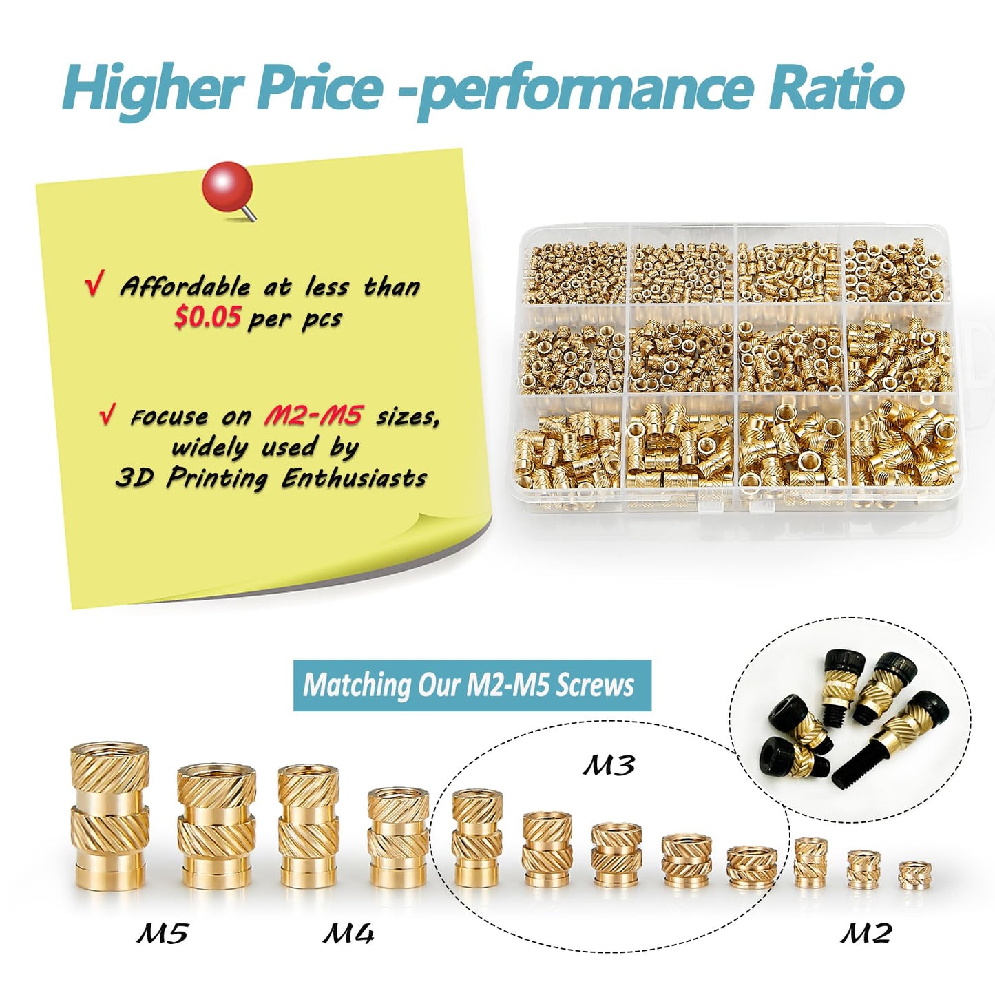 Kadrick 520Pcs M2 M3 M4 M5 Threaded Inserts Assortment Kit for 3D Printing Components, Metric Brass Knurled Nuts, Insert by Heat into Plastic Parts