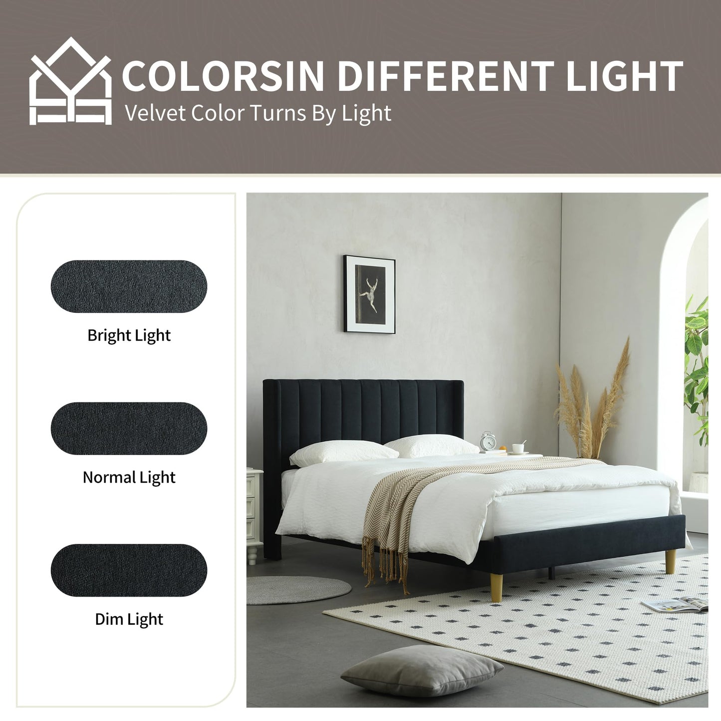 YUHUASHI upholstered Platform Bed Frame/Queen Bed Frame/Modern Geometric Double-Wing Design headboard/Linen Fabric/Easy to Assemble no Noise (Black, Queen (U.S. Standard))