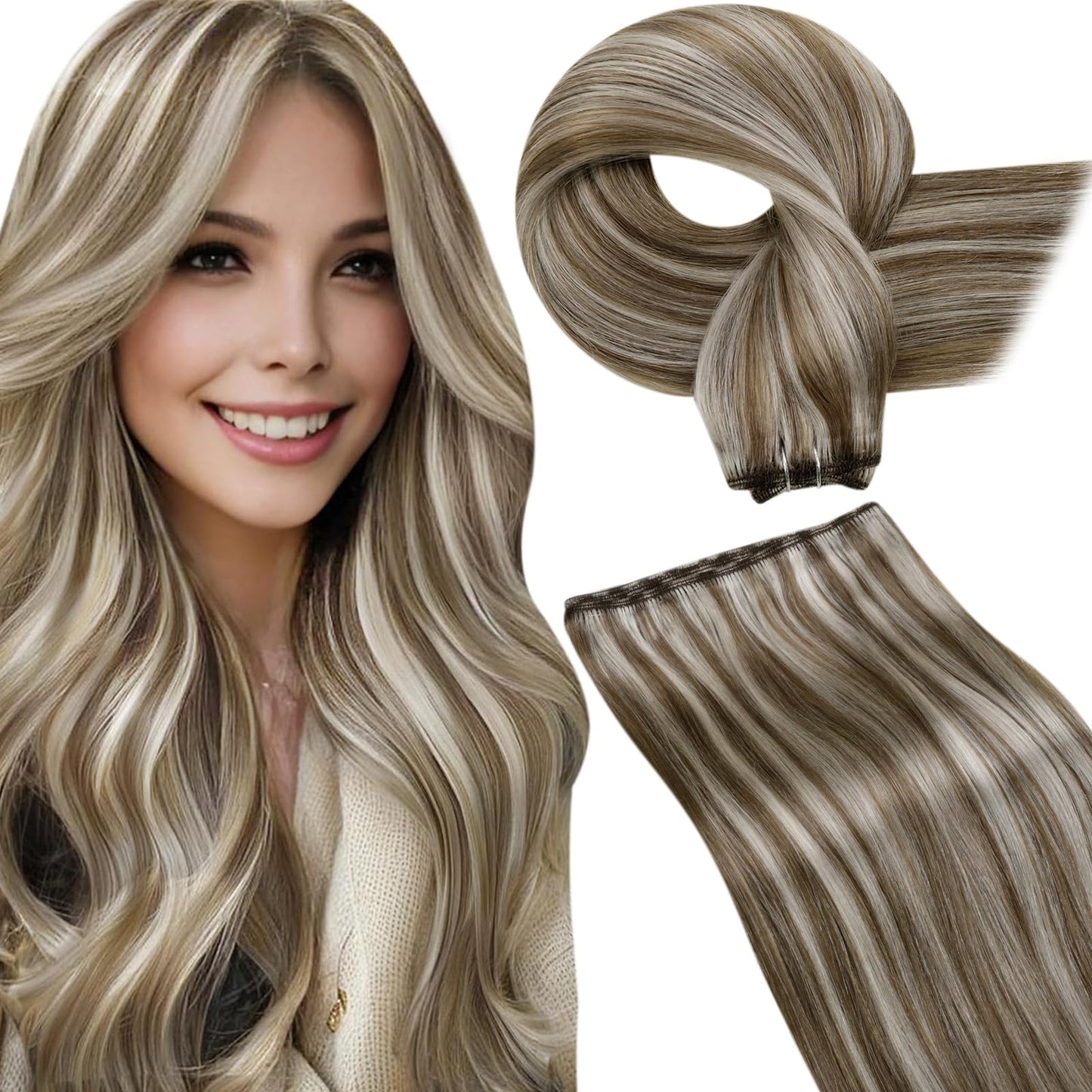 LaaVoo Human Hair Weft Extensions Seamless Weft Hair Extensions Brown Highlight Platinum Blonde Sew in Hair Extensions Real Huma