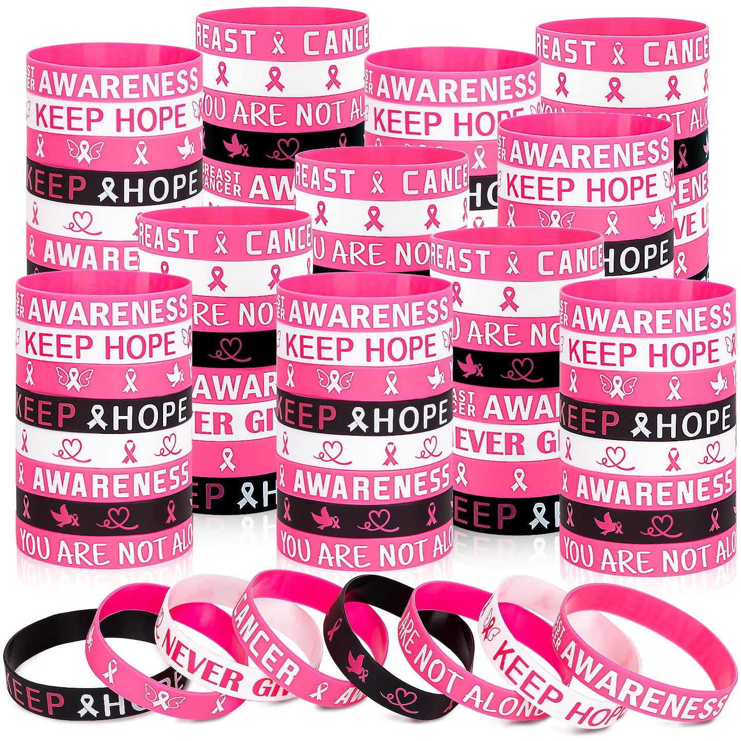 Moon Boat 144PCS Breast Cancer Awareness Bracelets Bulk - Pink Ribbons Hope Faith Strength Courage Stretch Wristbands for Women