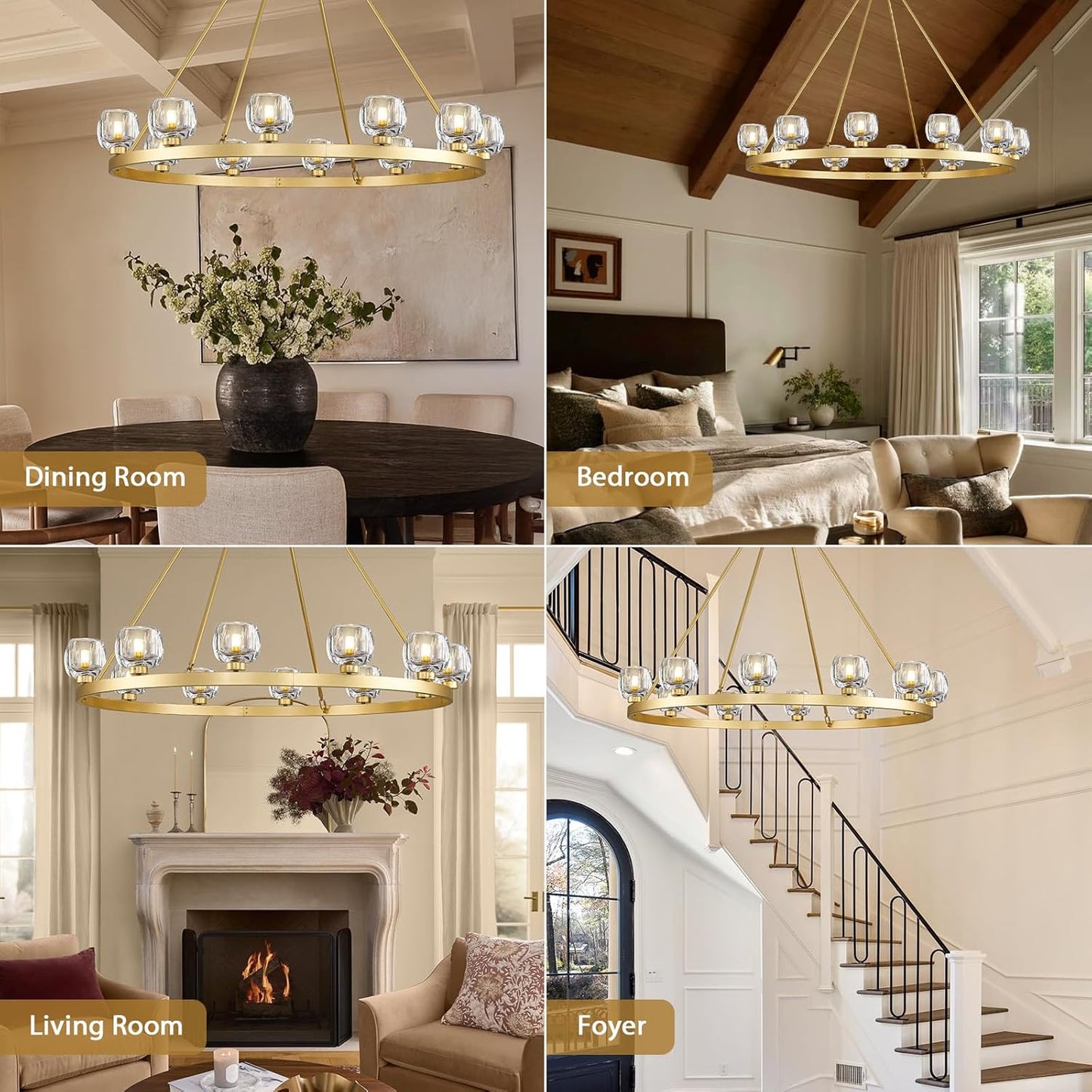 Gold Wagon Wheel Chandelier, 48 Inch Brass Chandeliers with Unique Glass Shade, 12-Light Crystal Large Wagon Wheel Chandeliers for Dining Room, High Ceiling Round Chandelier for Living Room, Foyer