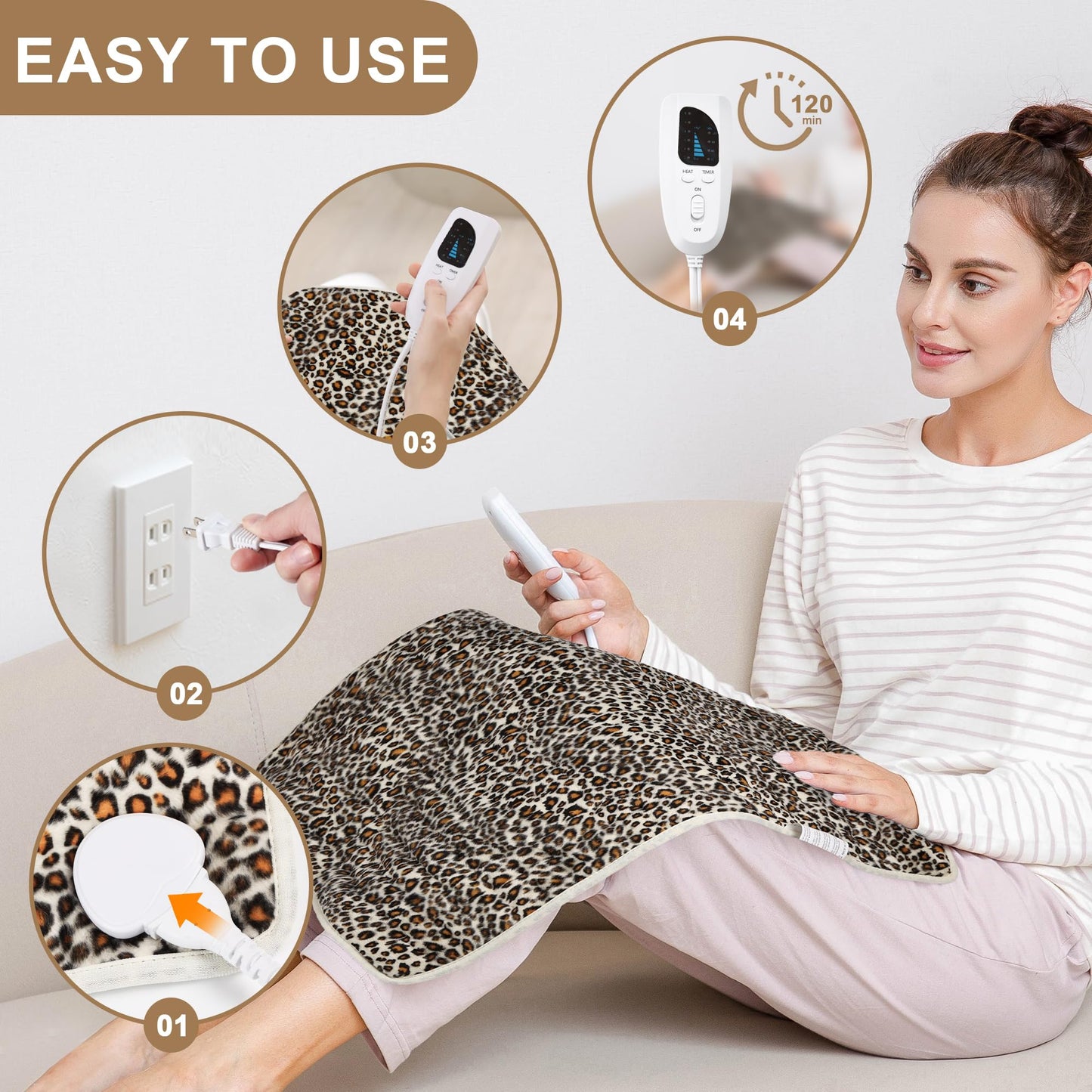 Deepsoon Heating Pad,Electric Heating Pads for Back,Neck,Abdomen,Moist Heating Pad for Shoulder,Knee,Arms,Legs,Dry/Moist Heat & Auto Shut Off,Christmas Gifts for Men and Women,Leopard Print,24x20 Inch