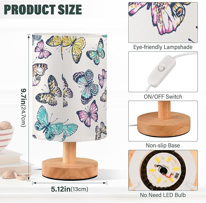Table Lamp Pretty Butterflies Nightstand Lamp with Wood Base Fabric Lamp Shade Bedside Desk Lamp for Living Room Bedroom Kids Room Office