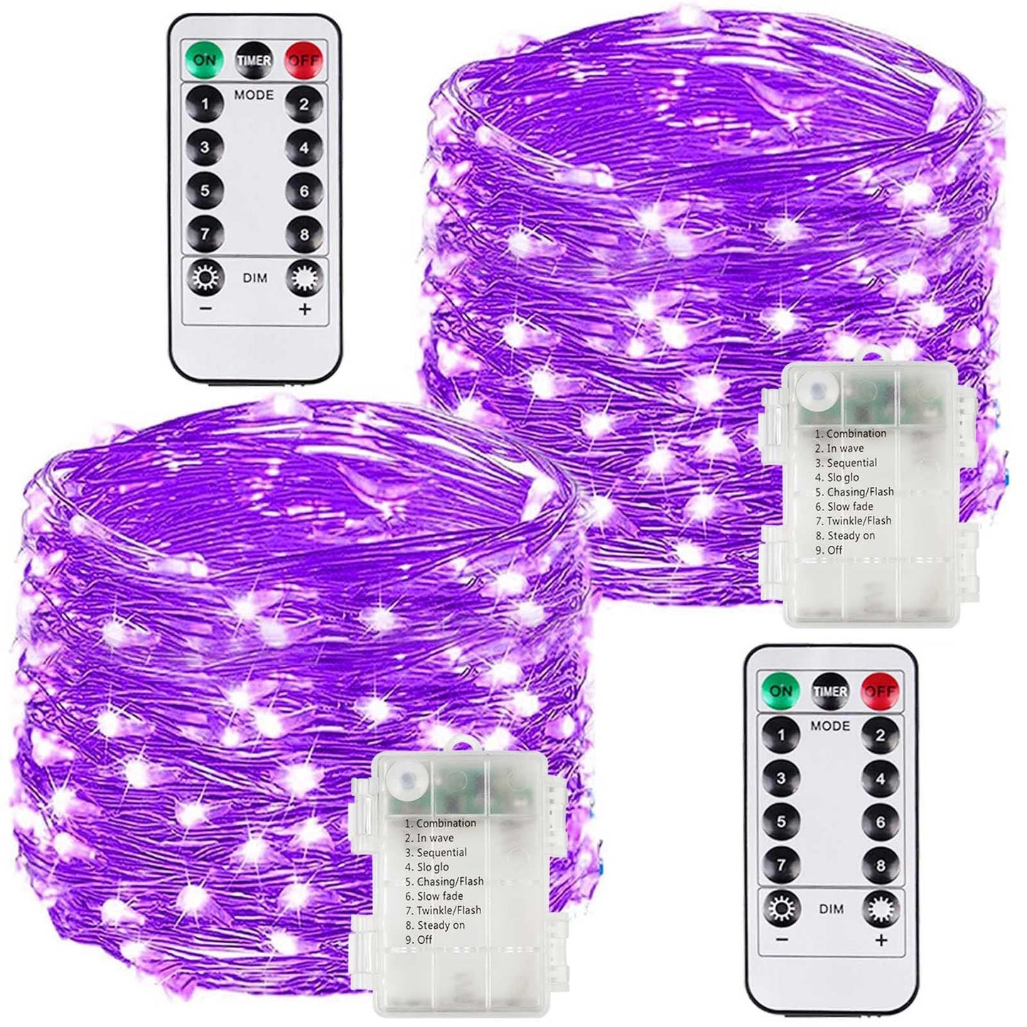 BOSSERN 2 Pack 100LED Fairy Lights, Battery Operated, Remote, 8 Modes, Waterproof, Purple, DCHD-2PK-100LED-PURPLE-RC