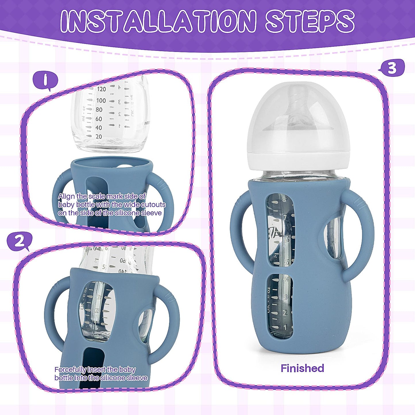 Desing Wish 4 Pack 8oz Silicone Sleeves with Handles for Avent Glass Natural Baby Bottles, Anti Breakage Protective Sleeves Compatible with Philips Avent Glass Baby Bottle 8 oz - Standard