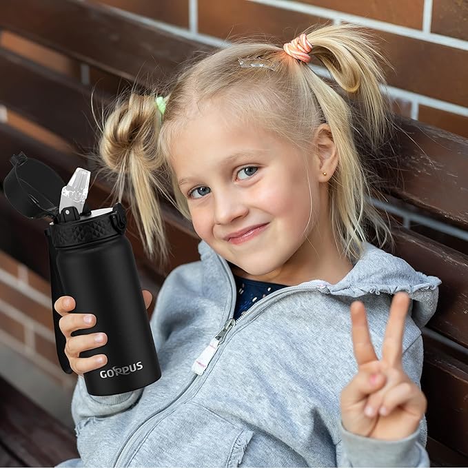 Kids Water Bottle, GOPPUS 14 Oz Stainless Steel Travel Bottle, Double Wall Vacuum Leak Proof Kids Cup for School Boys Girls, Black