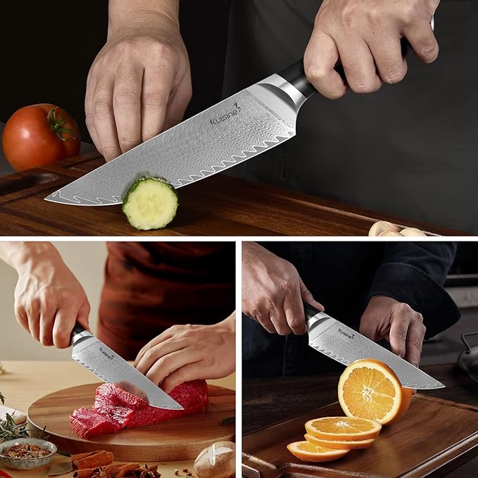 KUISINE Premium Damascus Chef Knife Non-slip Handle Razor sharp Blade Luxuy Gift for Holidays(Silver Pro, 8inch)