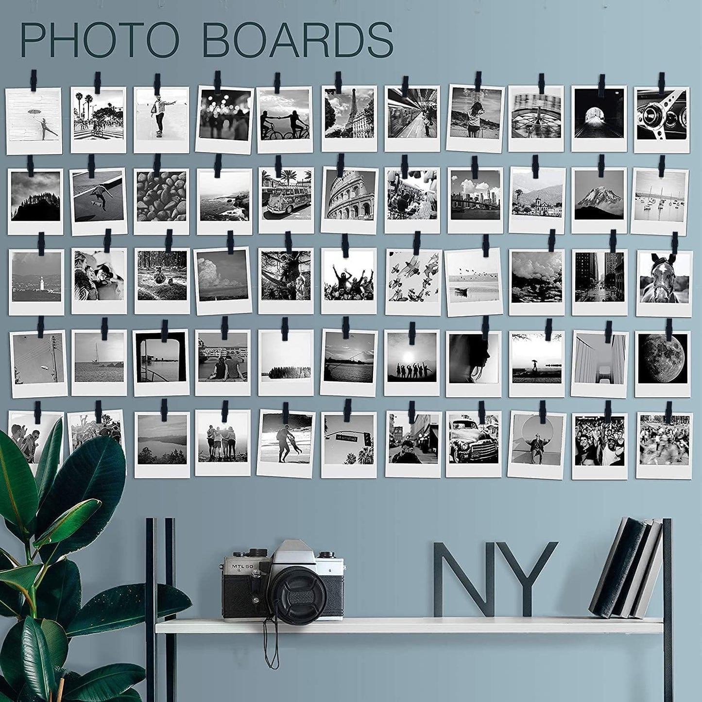 50 Pack Mini Self Adhesive Clips for Pictures - Black Wood Clip Photo Holders for Wall, Poster Hanger, Photo Cards Hanging Display Board & Picture Boards, Artwork Photos Holders Card Room Decor
