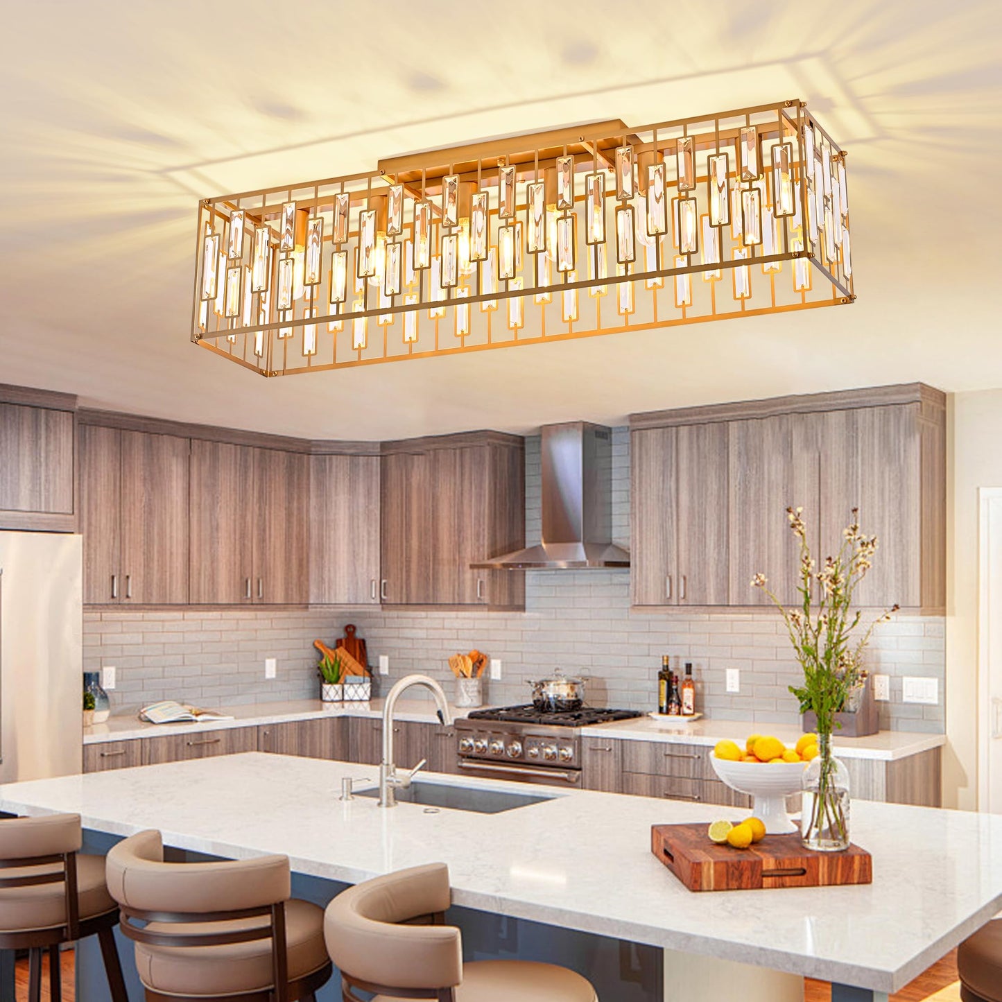 Garwarm Gold Crystal Chandelier, 6-Light Rectangle Flush Mount Ceiling Light, Model TT-JD1002G-6, for Living Room and Dining Room