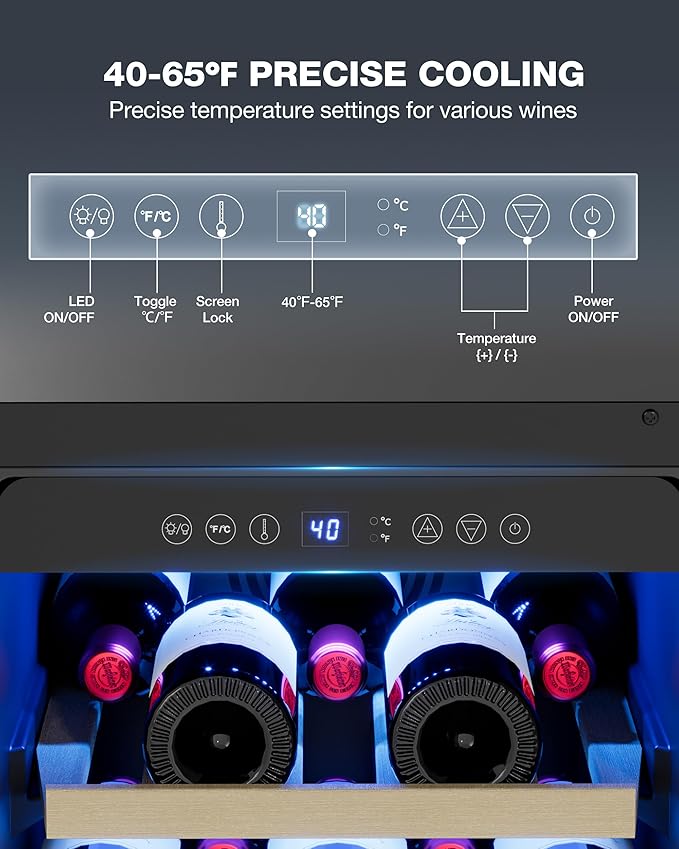 15 Inch Wine Cooler Refrigerator, 28 Bottle Wine Fridge with Removable Shelves, Wine Fridge Under Counter for Built-In or Freestanding with Double-Layer Glass Door, for Home, Office (Black)