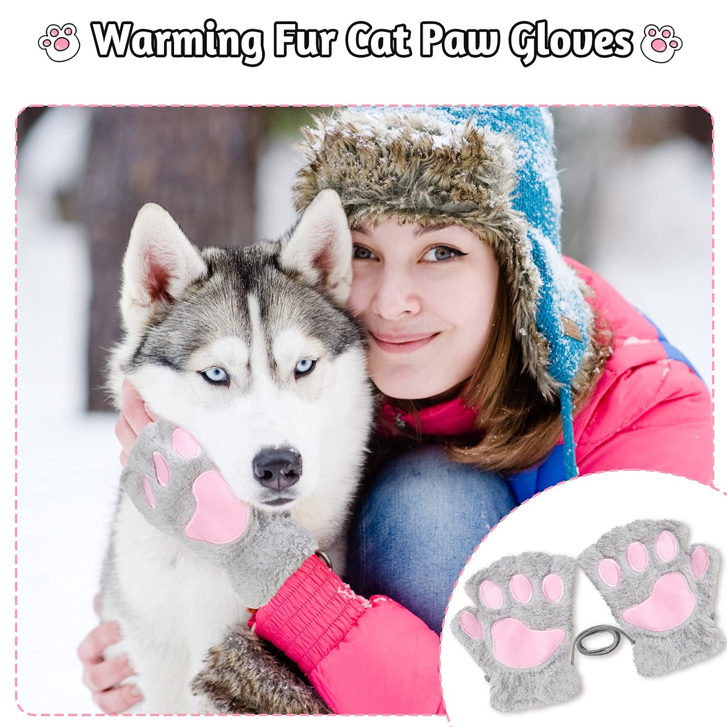 SATINIOR 4 Pairs Furry Cat Paw Gloves Fingerless Mitten Finger Half Glove Winter Plush Mitten for Halloween Kid Adult Costume