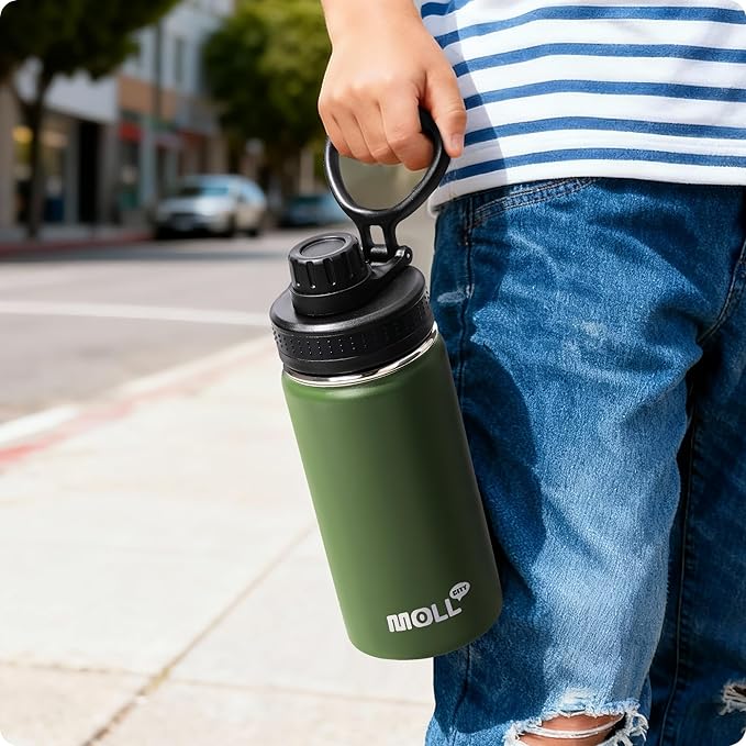 Kids Water Bottle for School 16 oz Stainless Steel Double Wall Vacuum Insulated Sports Water Bottle Leak Proof-Reusable Metal Flask with Silicone Boot for Travel, BPA-Free(Grass Green)