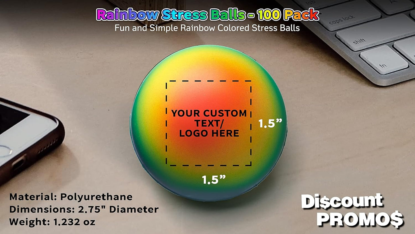 DISCOUNT PROMOS Custom Rainbow Squeeze Balls Set of 100, Personalized Bulk Pack - Perfect for Promotional Giveaways - Rainbow