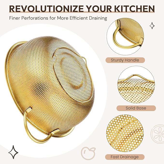 Baderke 3 Quart Stainless Steel Gold Colander and 3 Pcs Fine Mesh Strainer with Handles Gold Kitchen Accessories for Kitchen Draining Rinsing Serving Food Pasta Rice Vegetables