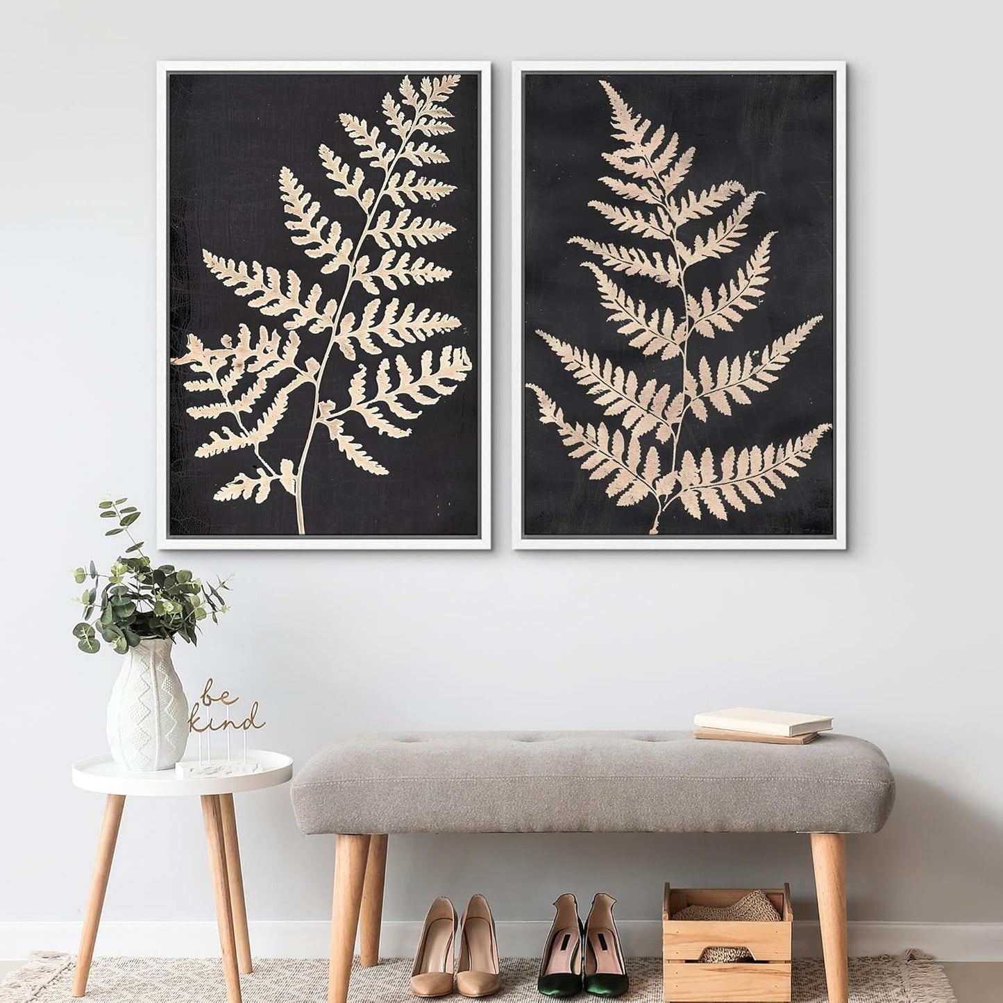 SIGNWIN Framed Canvas Print Wall Art Vintage Fern Leaf Silhouettes Natural Botanical Rustic Illustrations Modern Art Decorative Contemporary for Living Room, Bedroom, Office - 16"x24"x2 White