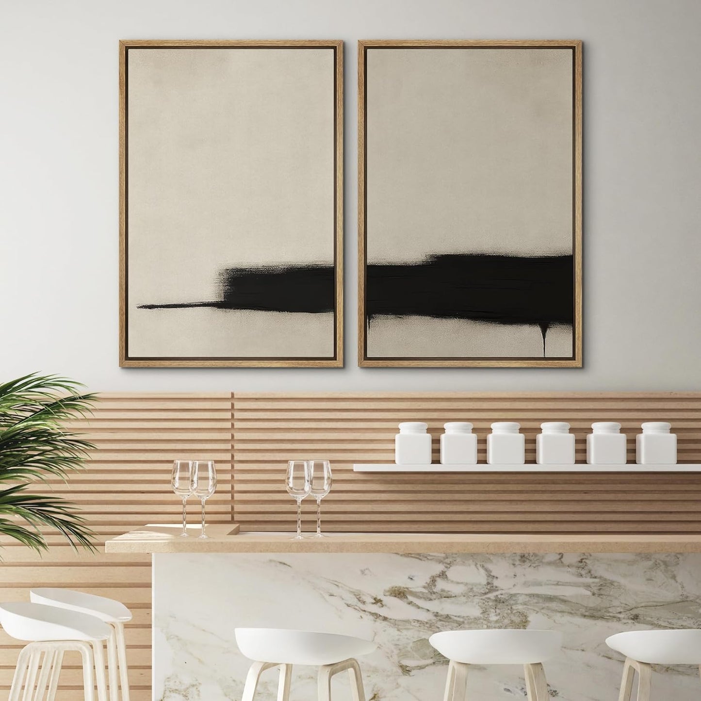 SIGNWIN Framed Wall Art Print Set Minimalist Black Brushstroke Abstract Neutral Beige and Black Illustrations Modern Art Rustic Relax/Calm for Living Room, Bedroom, Office - 16"x24"x2 NATURAL