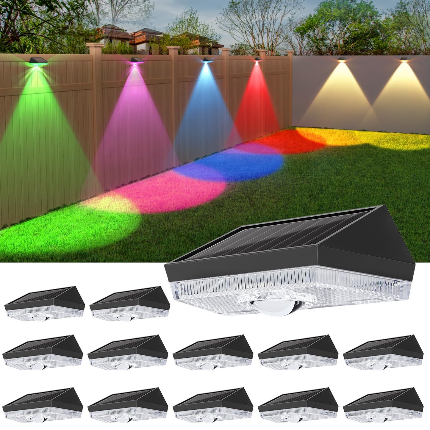 Ellasay Solar Fence Lights Outdoor: Ip65 Waterproof Rgb Solar Powered With 10 Lighting Modes - Led Lens Wall Decor For Garden Deck Patio Backyard Balcony 12 Pack