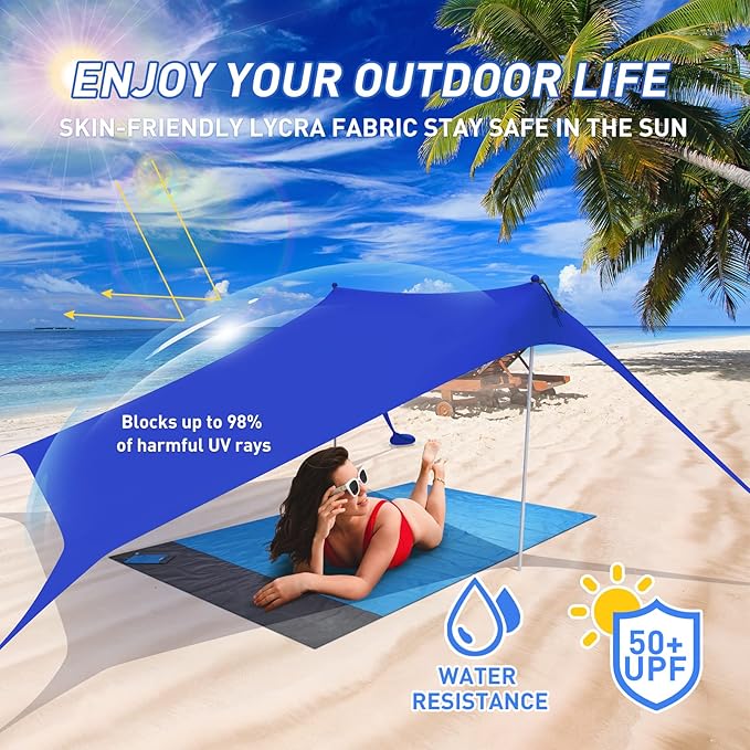 Beach Tent Pop Up Shade Canopy Sun Shelter UPF50+ with 2 Stability Poles/Carry Bag/Ground Pegs/Sand Shovel/Windproof Ropes Portable Outdoor Family Sunshade for Beach Camping (Orange, 10×10FT)