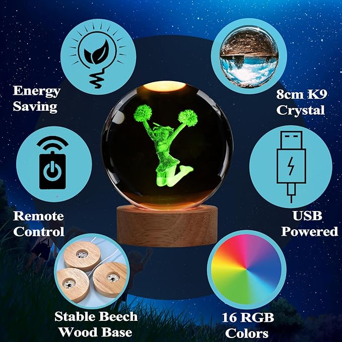 Cheerleader Crystal Night Light, Cheerleader Gifts, K9 3.15 Inch(80mm) Crystal Ball Night Light with 16 Colors Remote Upgraded Lamp for Birthday Xmas Cheering Squad Gifts for Room Decor Girls