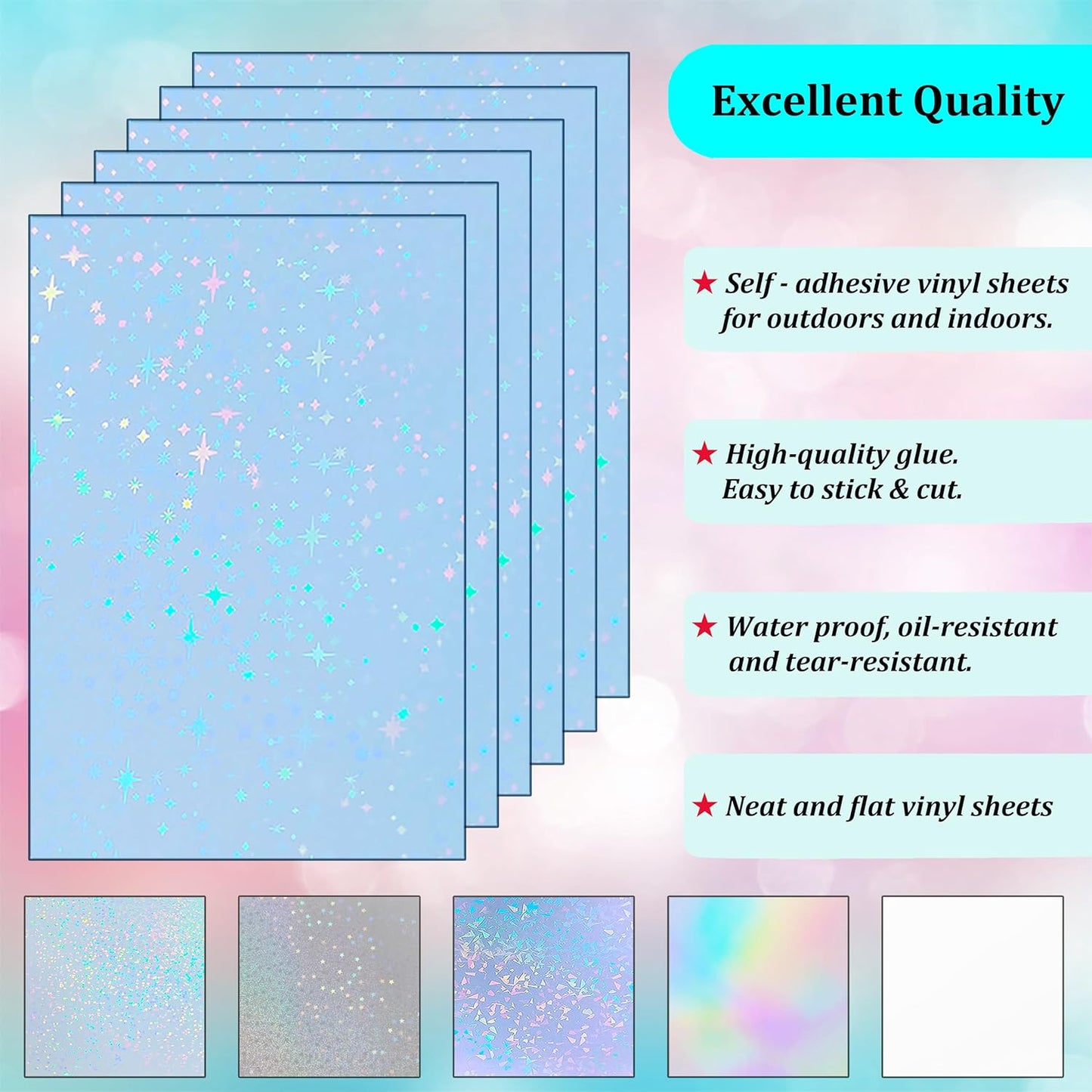 36 Sheets Holographic Sticker Paper Waterproof 8.5" x11'' Clear Vinyl Sticker Sheets Self-Adhesive Rainbow Overlay Sheets with 6 Styles Mixed