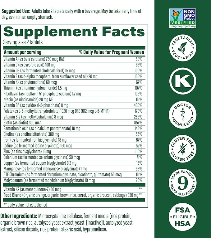 MegaFood Baby & Me 2 Prenatal Multi Vitamins - Prenatal Vitamins for Women with Choline, Methyl Folate & Iron, Vegetarian, Gluten-Free, Pre Natal Multivitamin for Women - 120 Tablets, 60 Servings