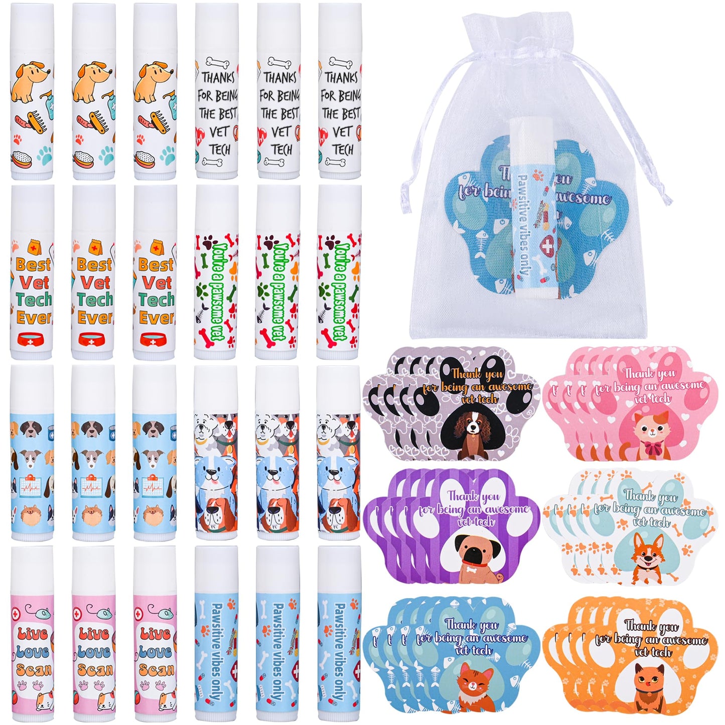 24 Pcs Vet Tech Gift Veterinary Appreciation Gifts Include Lip Balm Thank You Tag Organza Bag Veterinarian Week Gift for Veterin