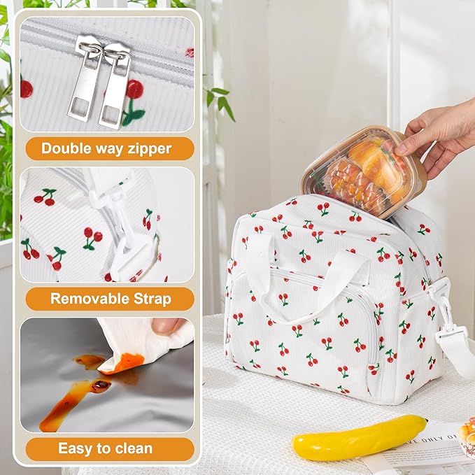 Large Lunch Bag for Women Insulated Cherry Lunch Box Reusable Cooler Bag Portable Cute Corduroy Leakproof Tote Bags for Travel, Work, and Picnic with Key Chain