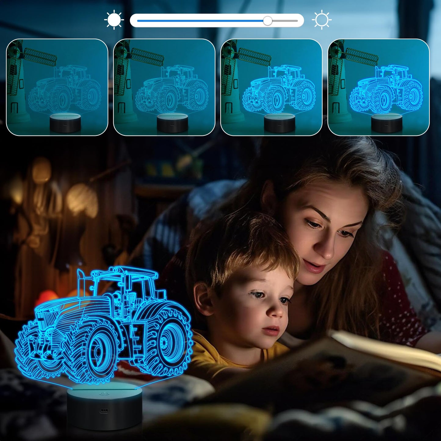 Attivolife 3D Illusion Night Lamp - 16 Color Changing, Dimmable Hologram, Usb Charge, Tractor Model Fs-2810-9999, Creative Gift For Kids