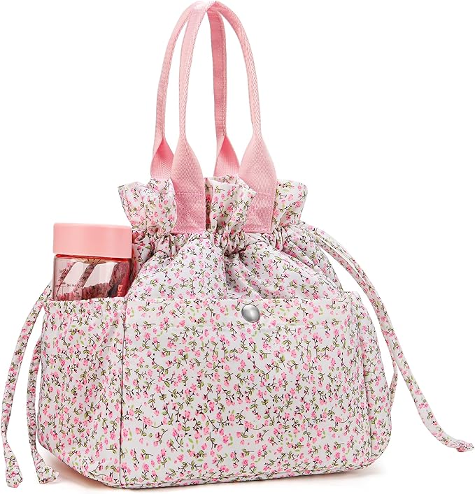 Yarnic Lunch Bag Women Insulated Lunch Bags,Cute Floral Reusable Lunch Box Stain-Resistant Lunchbox with Water Bottle Holder for Adult (Pink Flower)