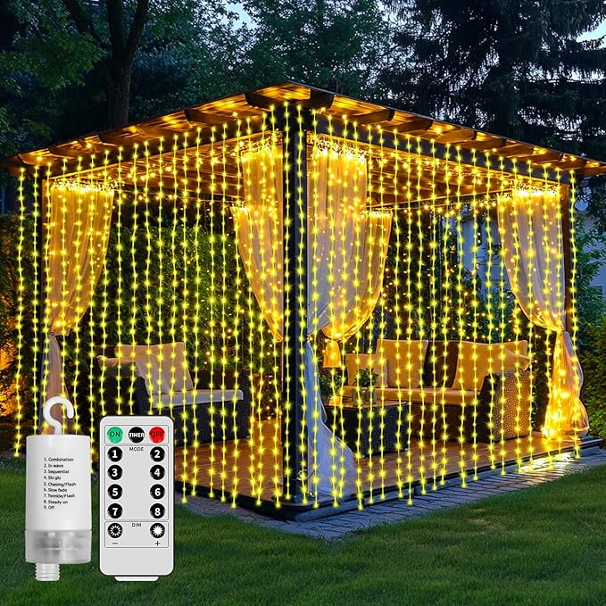 Curtain Lights Battery Operated 10 * 10Ft 300LED Waterfall Light with 8 Modes Remote Dimmable Timer Memory Waterproof Twin...
