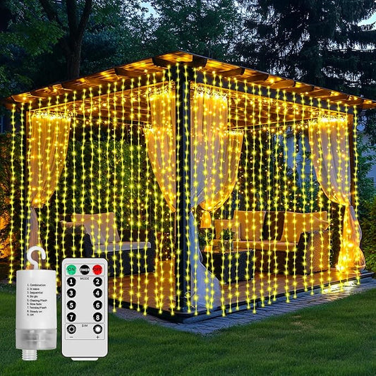 Curtain Lights Battery Operated 10 * 10Ft 300LED Waterfall Light with 8 Modes Remote Dimmable Timer Memory Waterproof Twin...