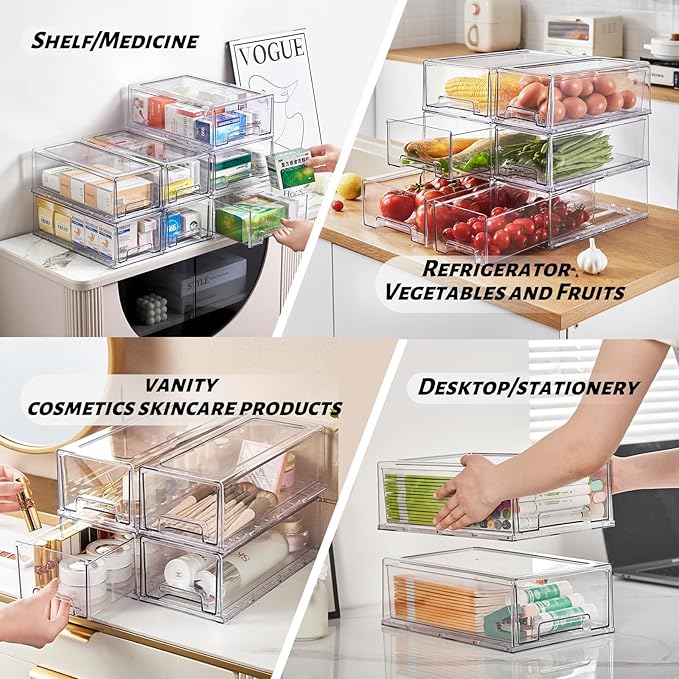 2 Pack Clear Stackable Refrigerator Organizers and Storage Drawers - Pull-Out Fridge Bins with Anti-Slip Base & Easy Clean, Plastic Organizers for Kitchen Pantry Cabinet Closet (Medium)